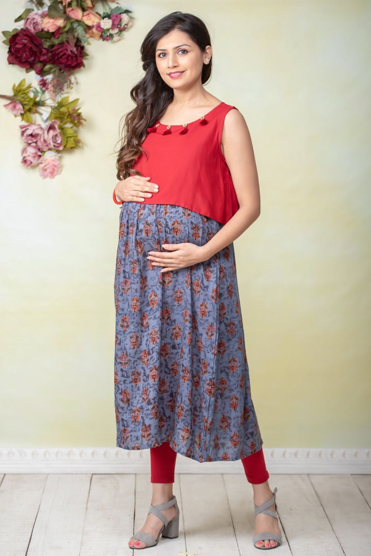 All Over Printed & Overlapped Panel Maternity Kurta - Grey & Red