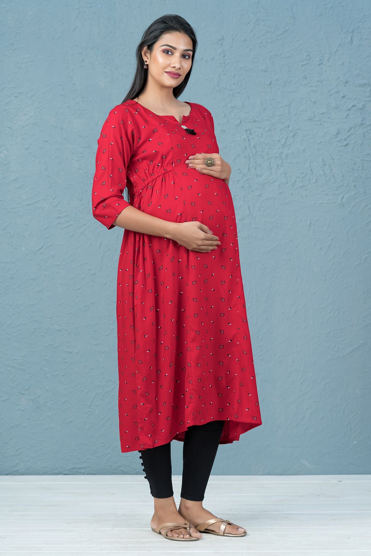 All Over Floral And Leaf Print Maternity Kurta - Red