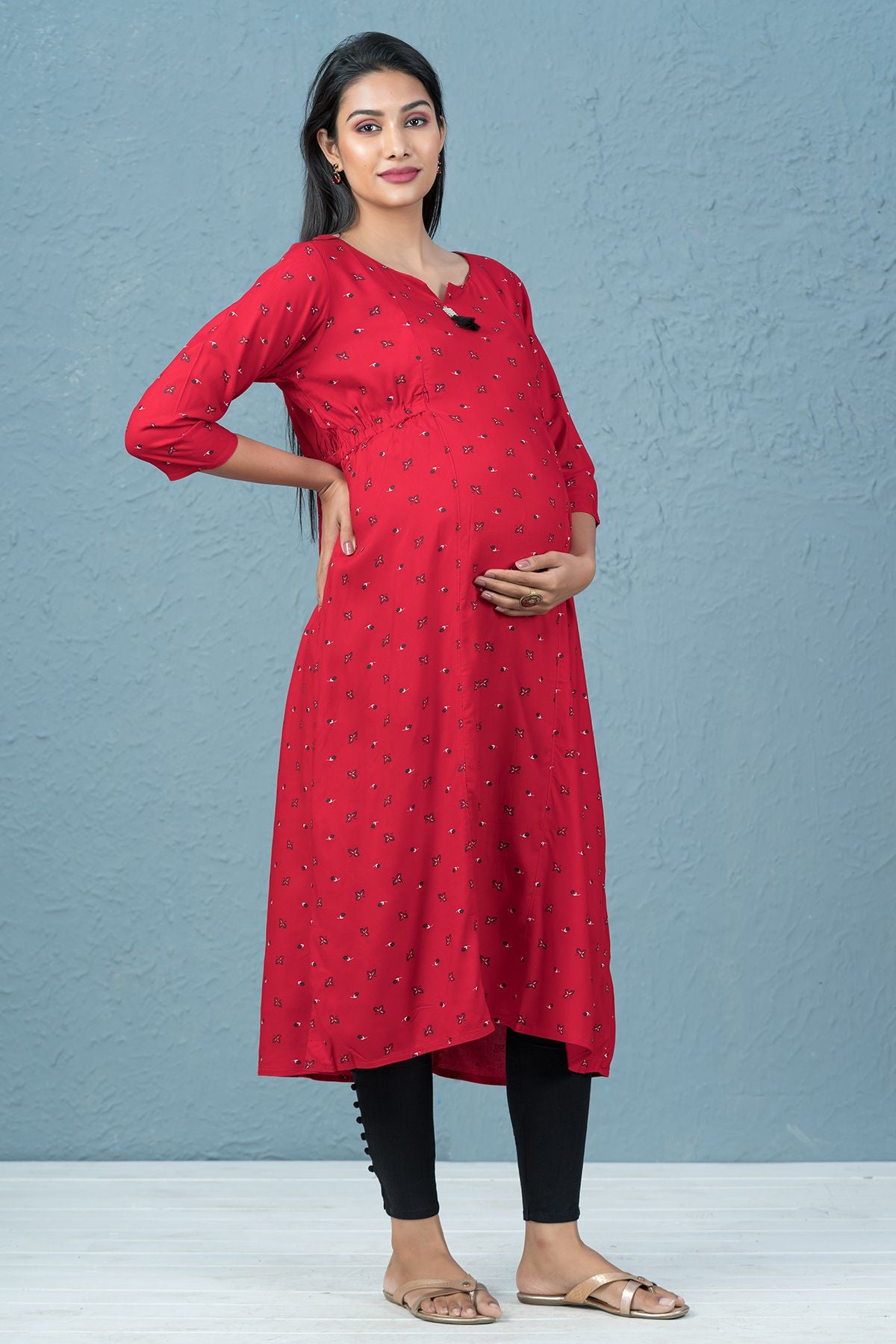 All Over Floral And Leaf Print Maternity Kurta - Red