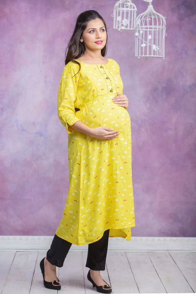 Conversational Cycle Printed Maternity Kurta - Yellow