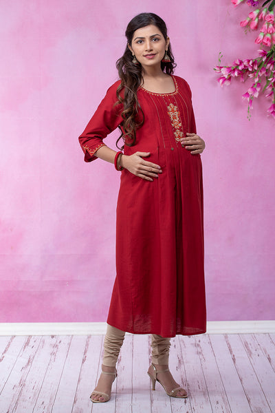 Scandinavian Floral Embroidered Maternity & Nursing Kurta – Red - Maybell Womens Fashion