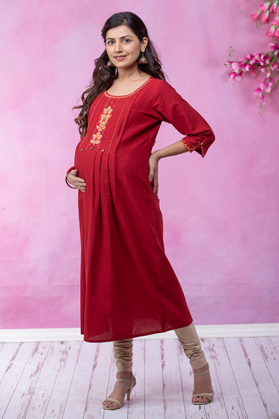 Scandinavian Floral Embroidered Maternity & Nursing Kurta – Red - Maybell Womens Fashion