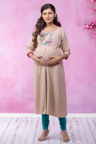 Placement Floral Embroidered Maternity Kurta - Beige