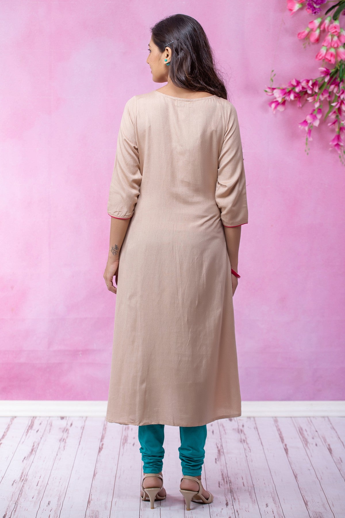 Placement Floral Embroidered Maternity Kurta - Beige