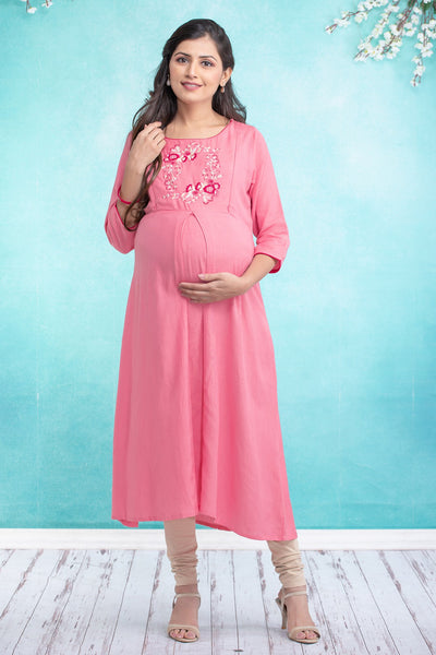 Placement Floral Embroidered Maternity Kurta - Pink