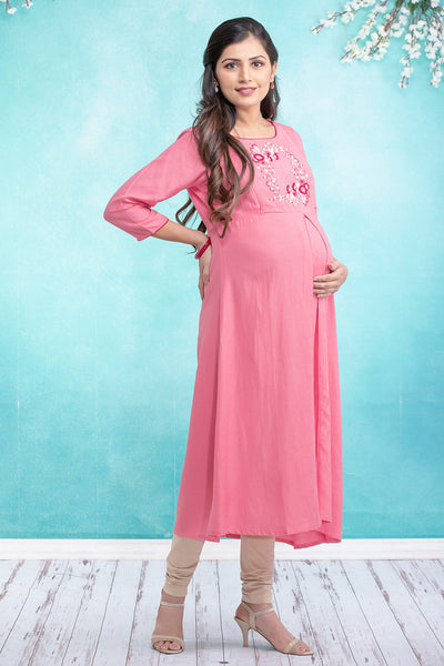 Placement Floral Embroidered Maternity Kurta - Pink