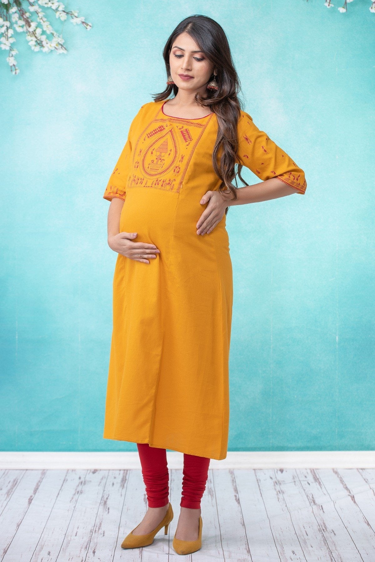 Warli printed maternity kurta - Mustard