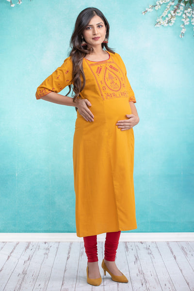 Warli printed maternity kurta - Mustard