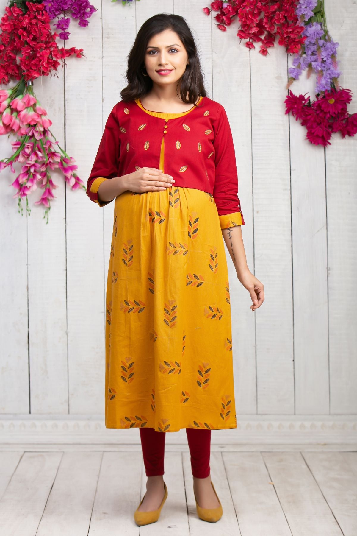 Quirky leaf printed maternity kurta - Mustard