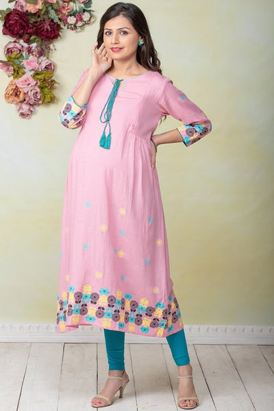 Abstract Floral Placement Printed Maternity & Nursing Kurta – Pink - Maybell Womens Fashion