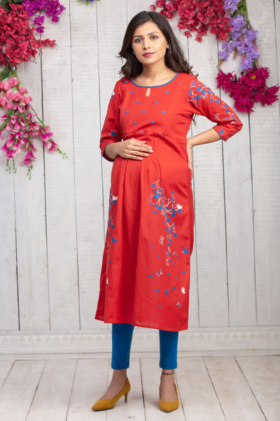 Placement Floral Printed Maternity Kurta - Red