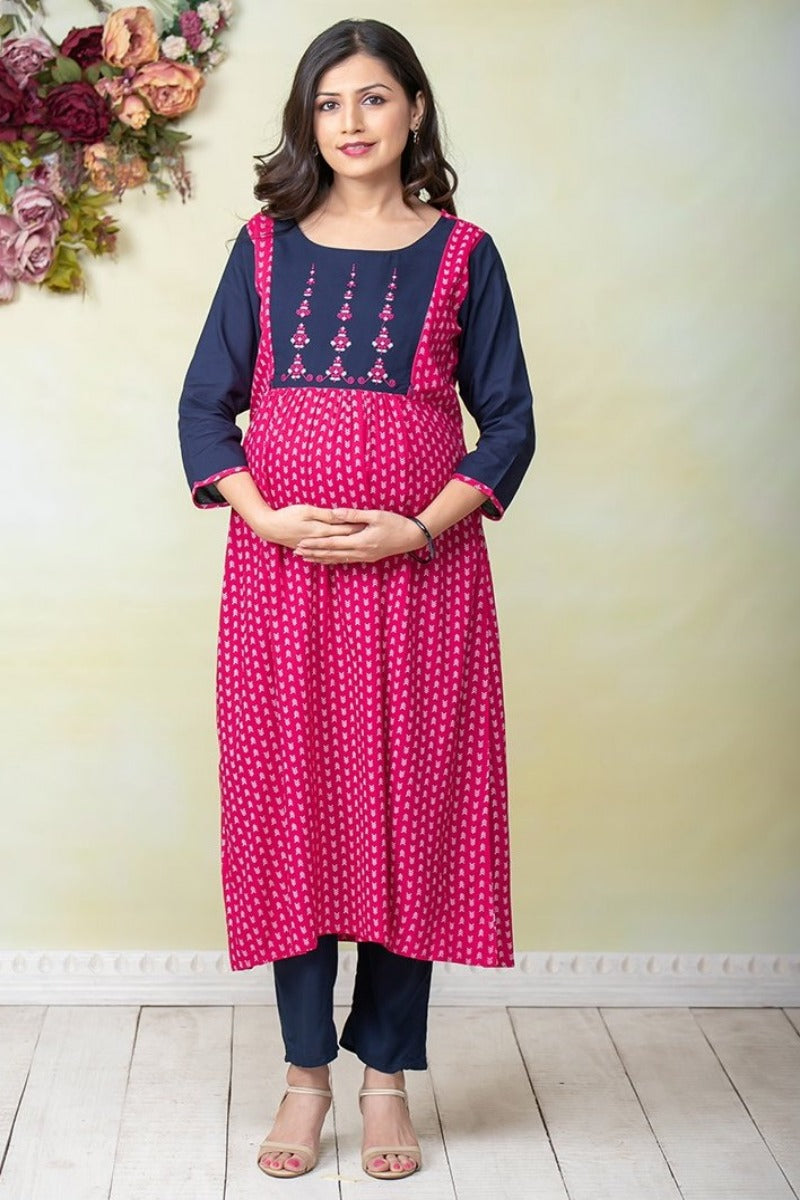 Abstract Geometric Printed Maternity & Nursing Kurta – Pink - Maybell Womens Fashion