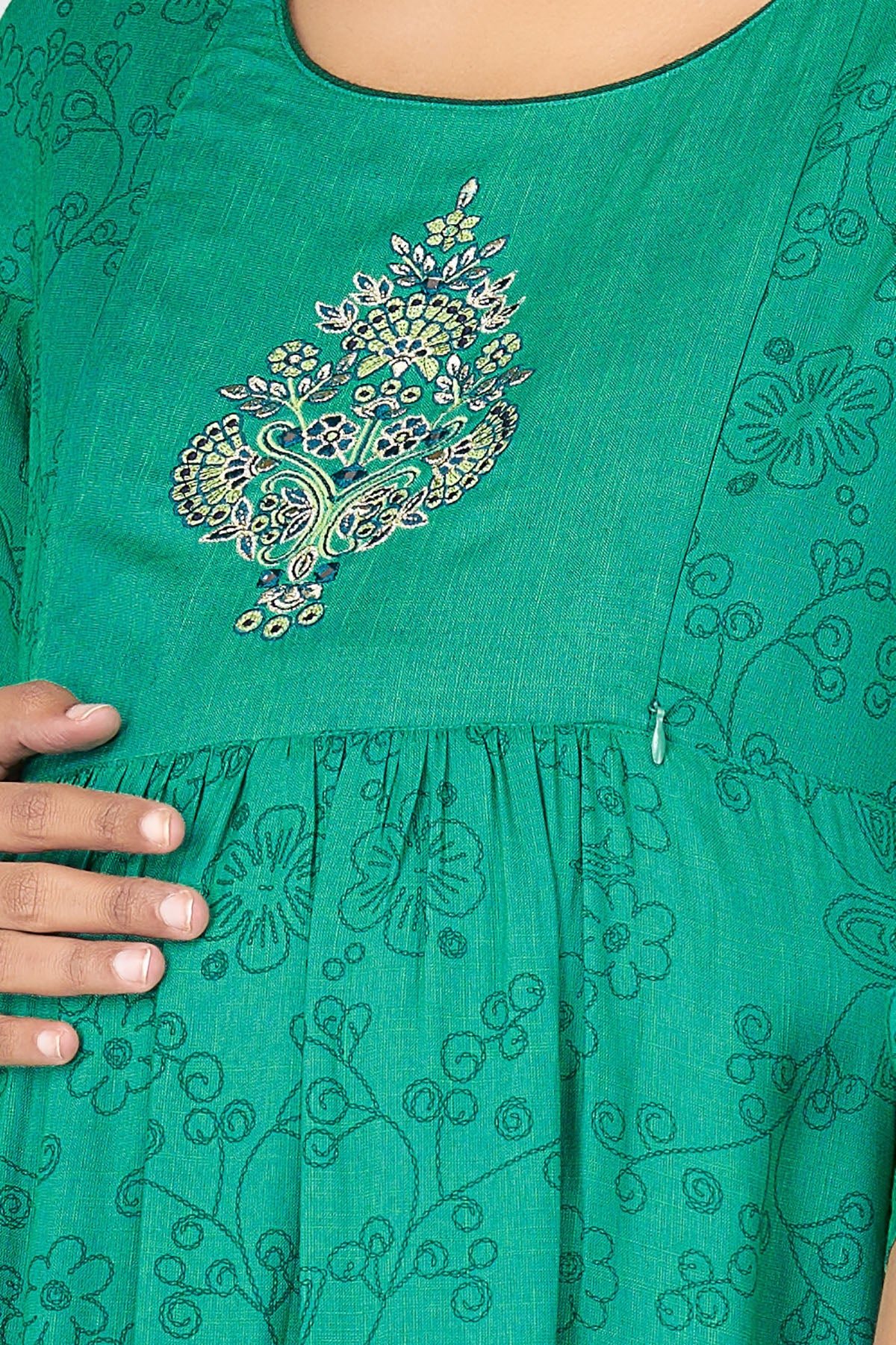 Floral Printed & Mirror Embroidered Women's Maternity Kurta - Green