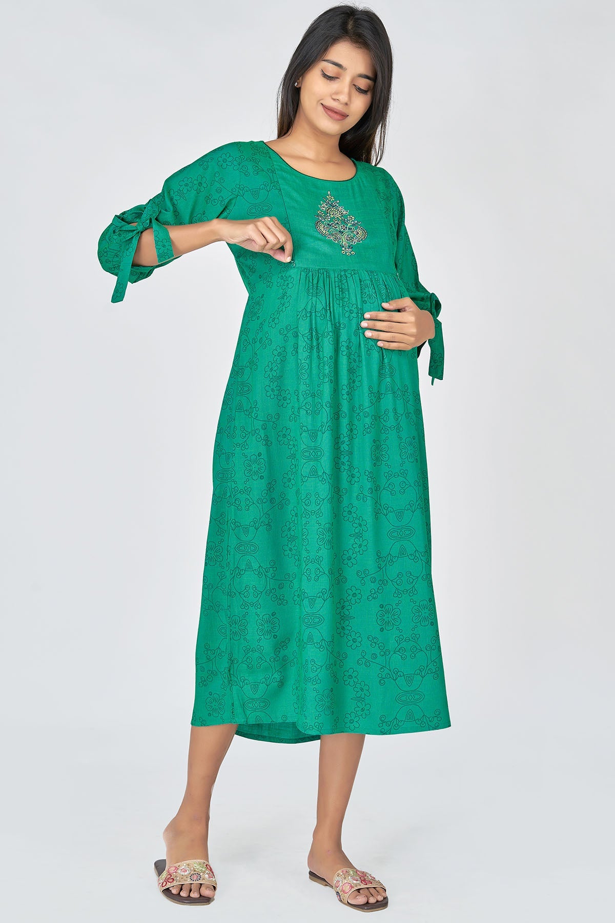 Floral Printed & Mirror Embroidered Women's Maternity Kurta - Green