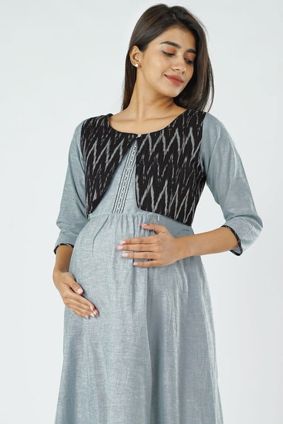 Minimal Foil Mirror Embroidered Maternity Dress attached with Ikkat waistcoat - Black