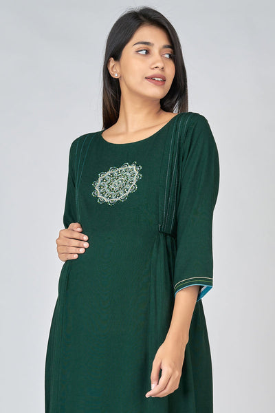  Mandala Embroidered Women's Maternity Kurta - Green 