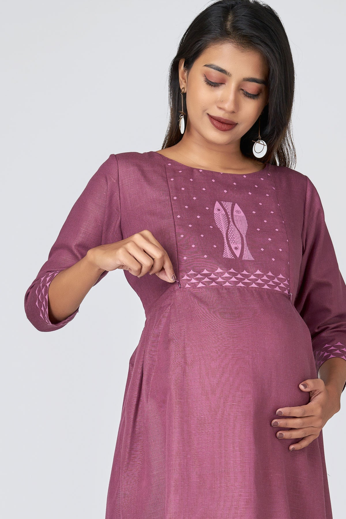 Fish Print  Maternity Long Dress - Purple