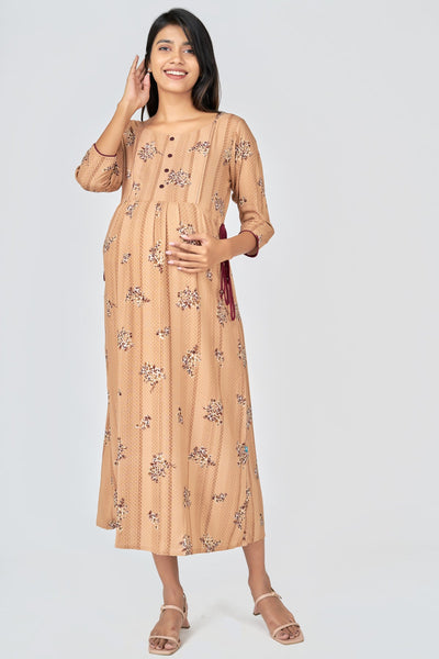 Floral & Dotted Print Maternity Women's Long Dress - Beige