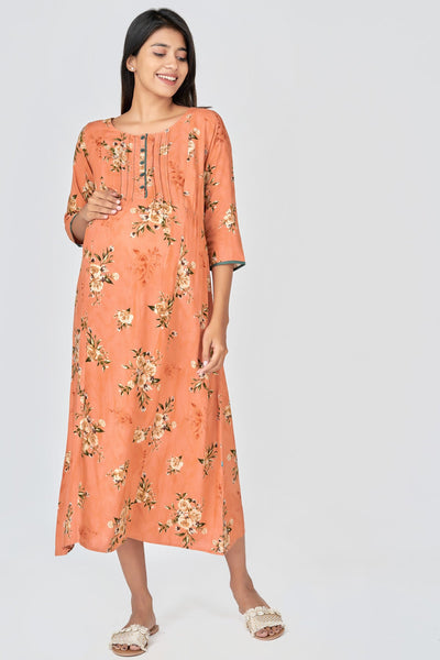 Khari Floral Printed Maternity Women's Long Dress- Orange