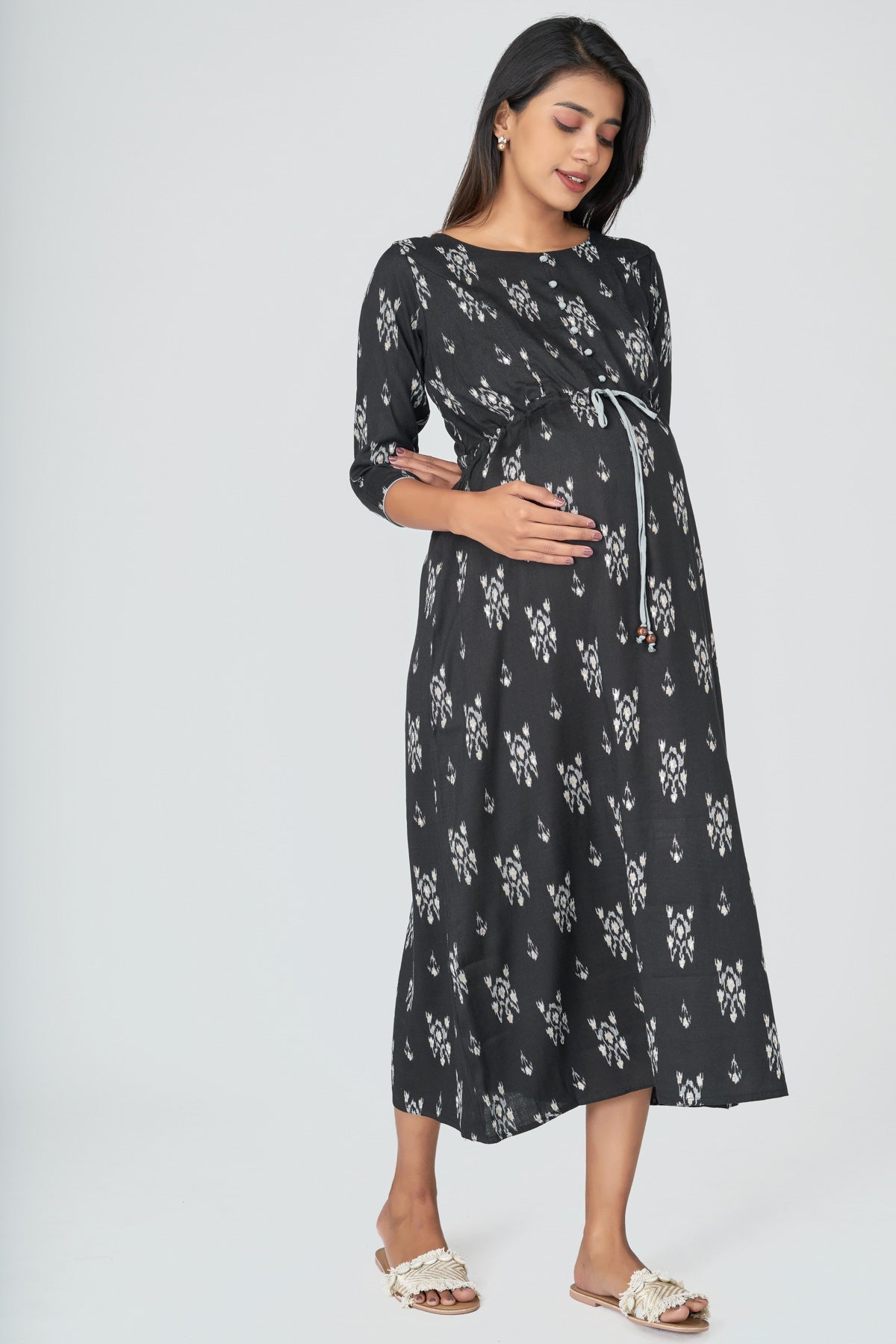 Ikat Maternity Long Dress - Black