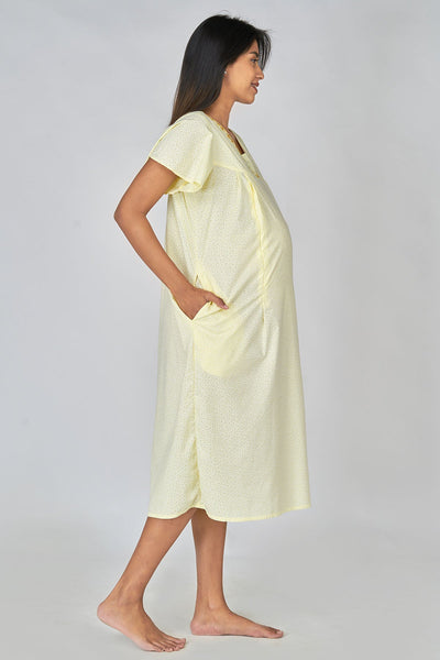 Minimal Embroidered & Hearts Printed Maternity Women Short Nighty - Yellow
