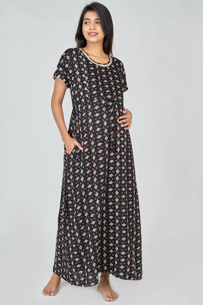 Abstract Printed Maternity Women's Long Nighty - Black