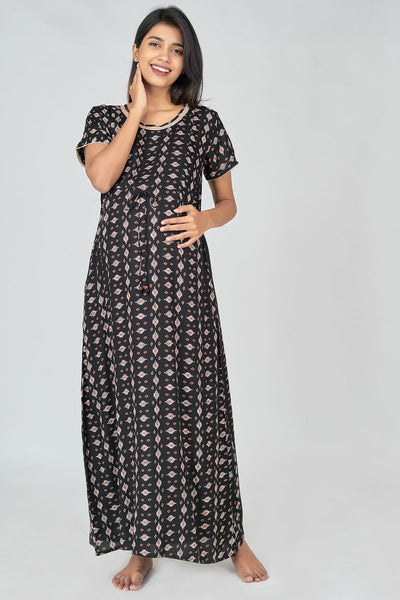 Abstract Printed Maternity Women's Long Nighty - Black