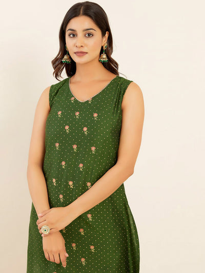 All Over Ditsy Butta & Floral Embroidered Kurta - Green