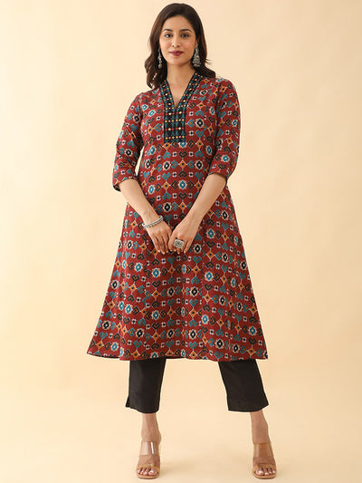 All Over Geometric Printed With Foil Mirror Embroidered Kurta Red