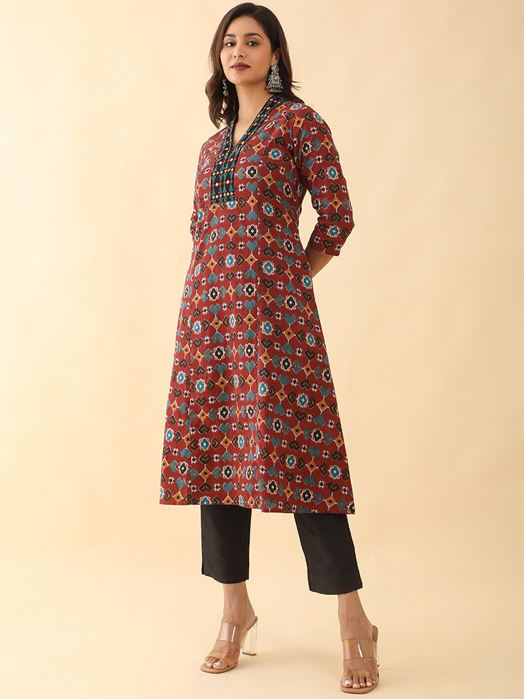 All Over Geometric Printed With Foil Mirror Embroidered Kurta - Red