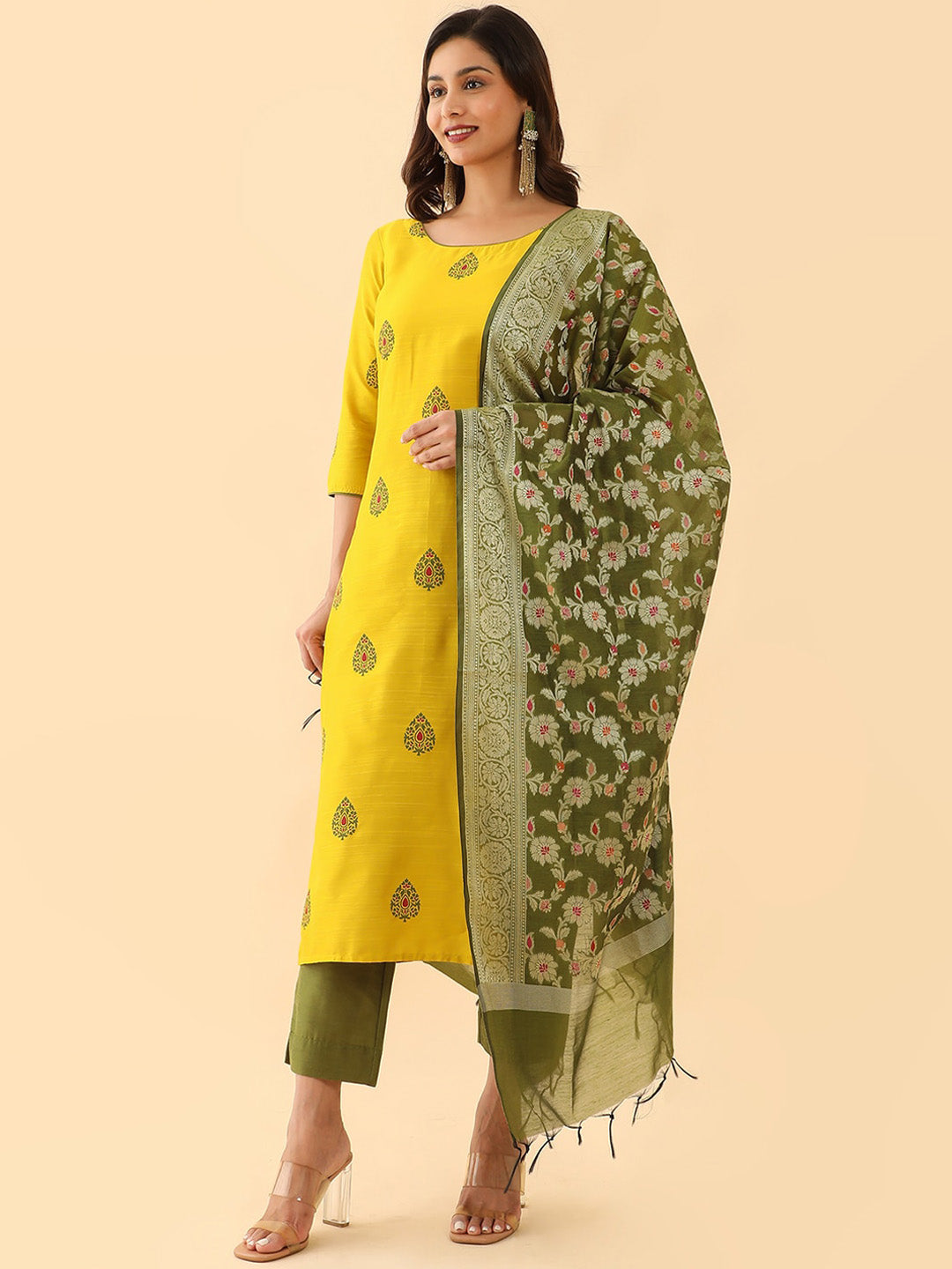All Over Floral Motif Printed Kurta Set With Banarasi Dupatta - Yellow & Green