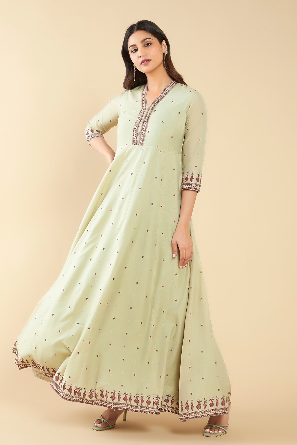 Natyam Motif Printed Anarkali - Green