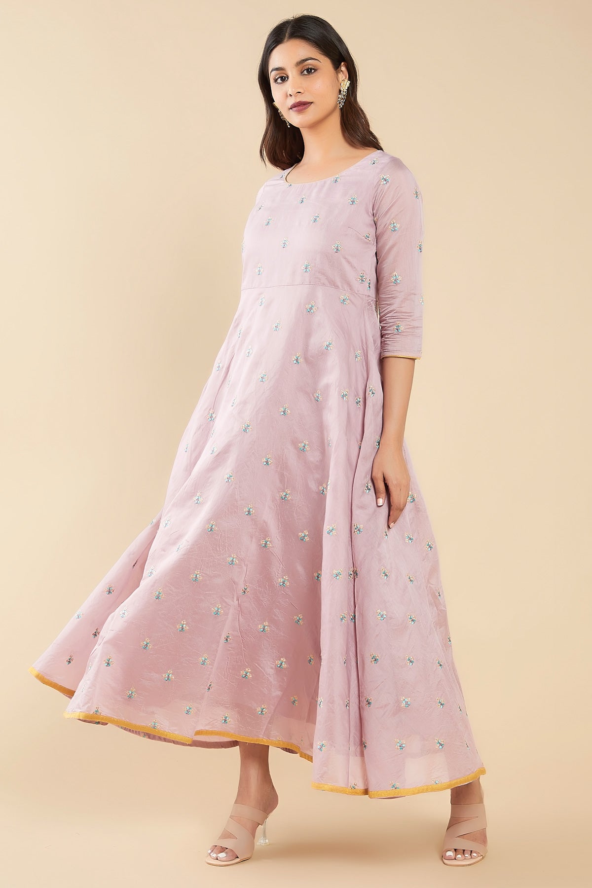 Floral Butta Embroidered Anarkali Pink