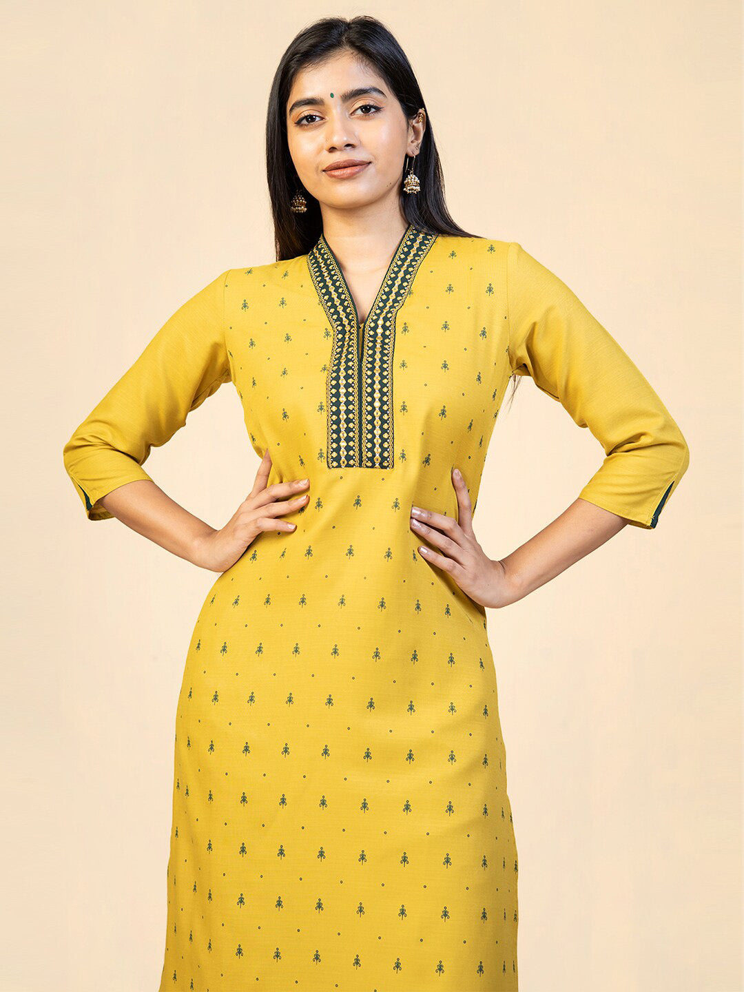 Geometric Motif Embroidered With All Over Butta Printed Kurta Yellow