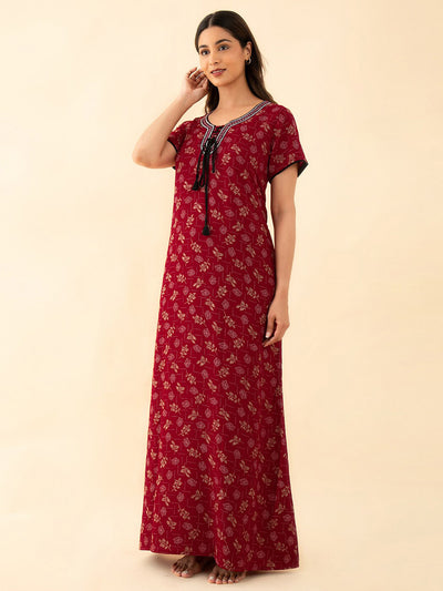 All Over Floral Print With Embroidered Yoke Nighty - Red