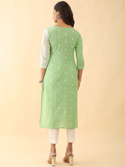 All Over Dobby Weave With Stripes Kurta Green