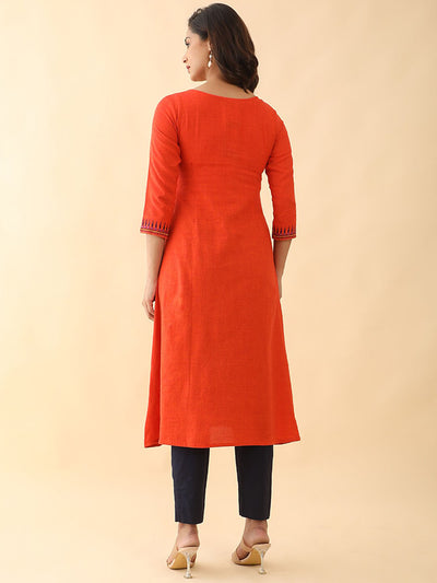 Jewelled Embroidered With Contrast Front Slit Kurta Orange