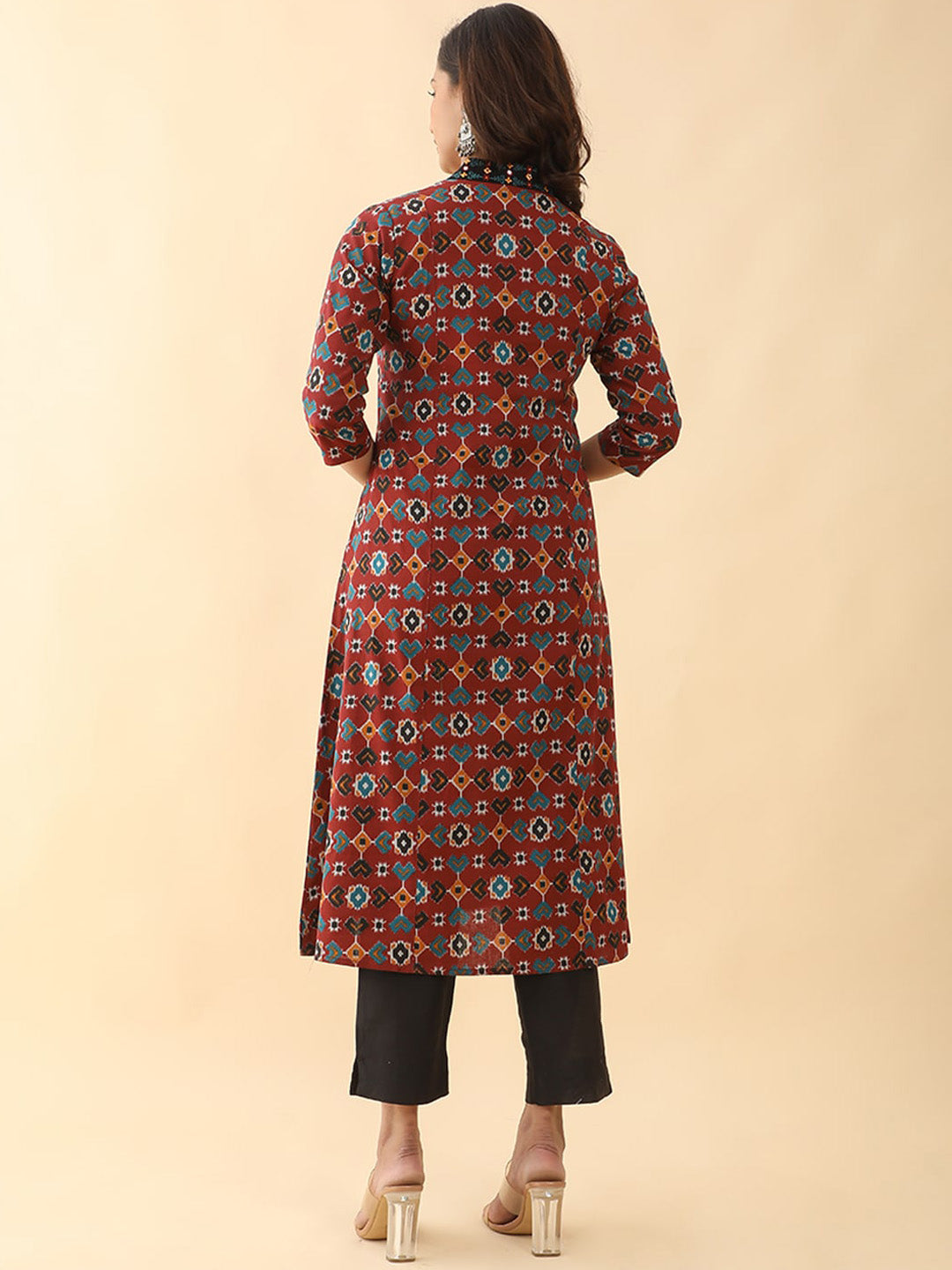 All Over Geometric Printed With Foil Mirror Embroidered Kurta Red