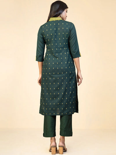 Geometric Motif Embroidered With All Over Butta Printed Kurta Green