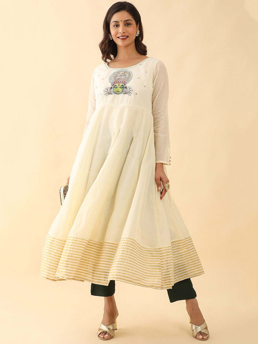 Kathakali Motif Applique With Foil Mirror Embellished A line Kurta Off White