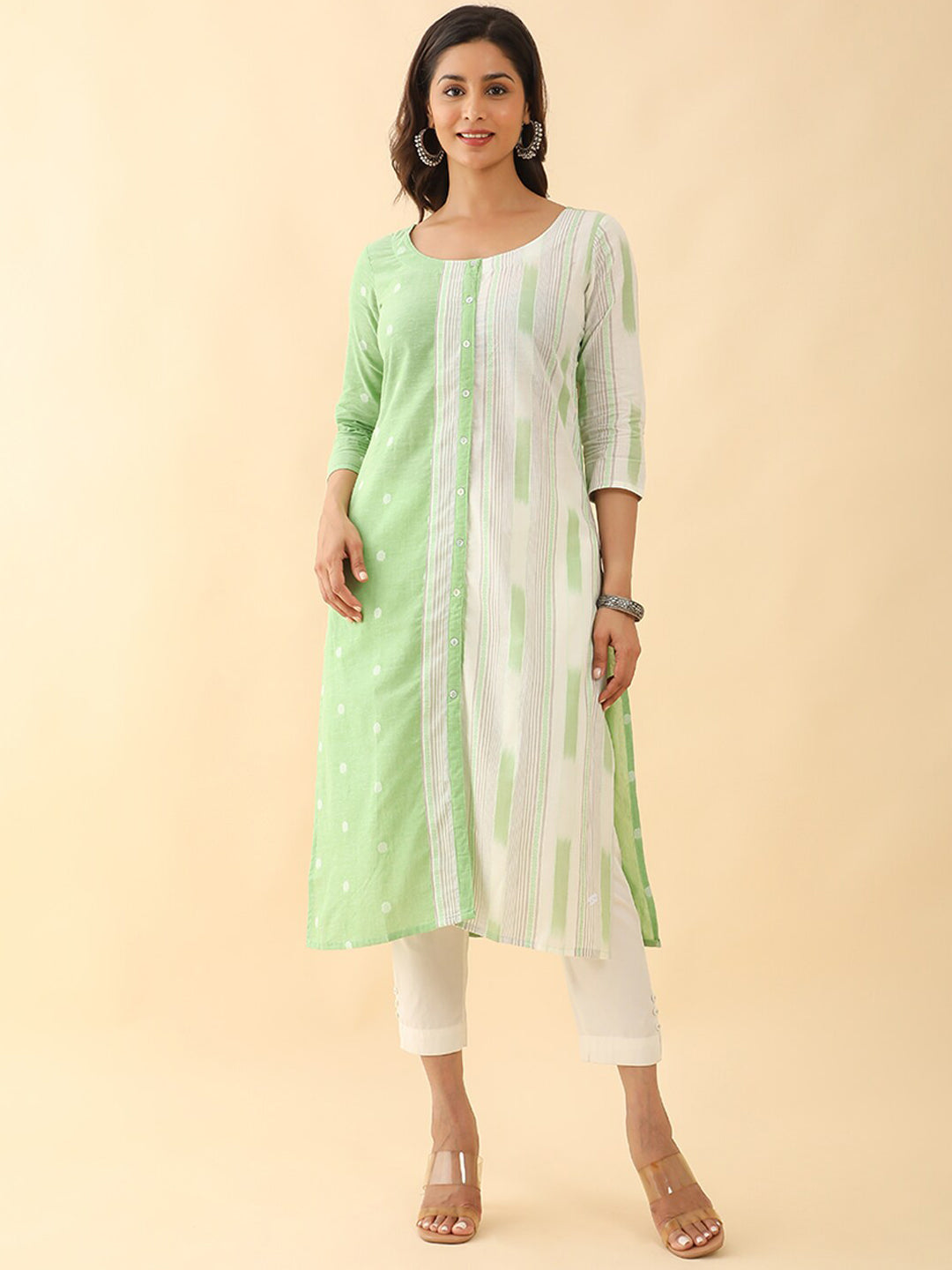 All Over Dobby Weave With Stripes Kurta Green