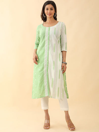 All Over Dobby Weave With Stripes Kurta - Green