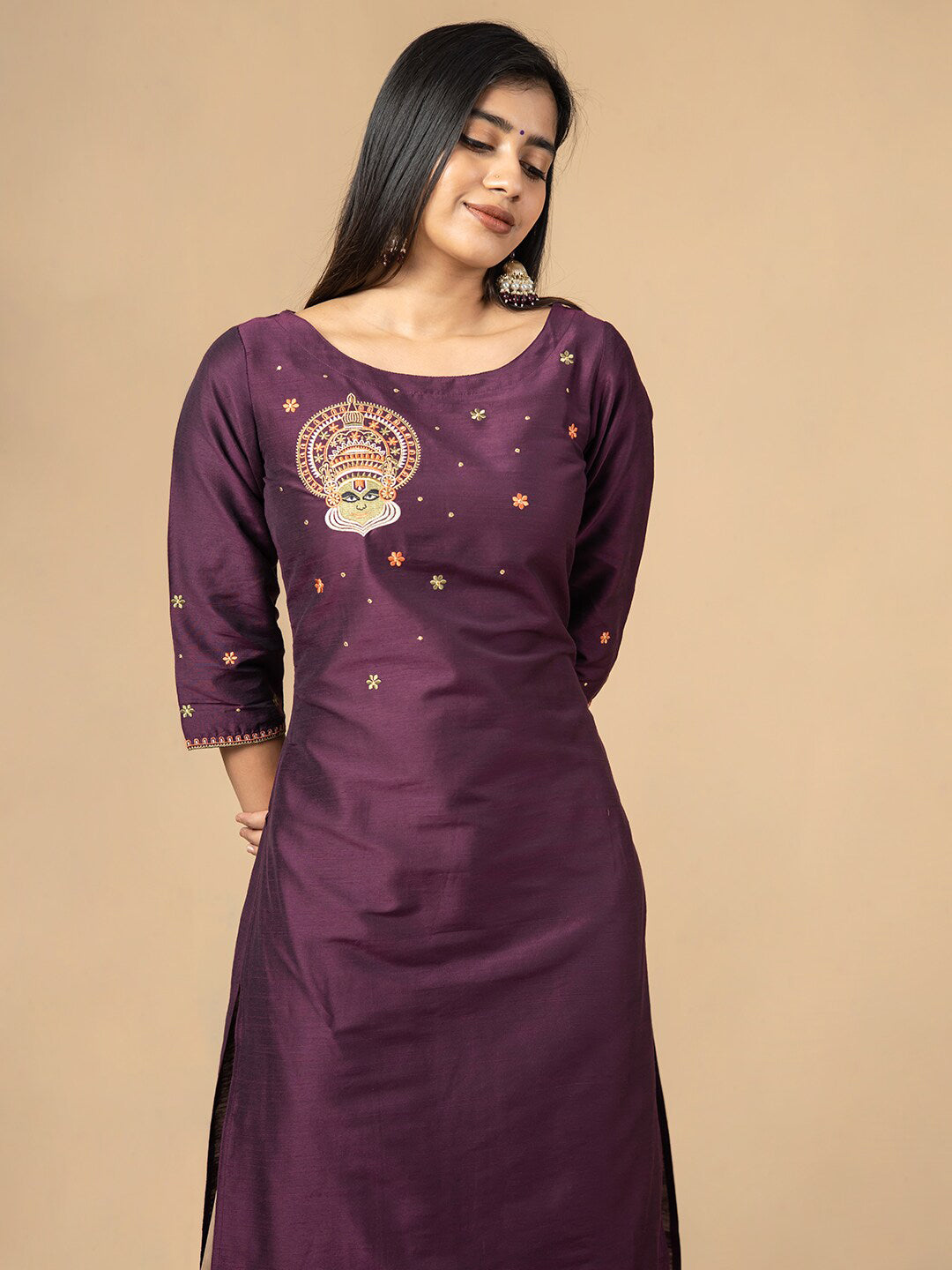 Kathakali Motif Embroidered Kurta Magenta