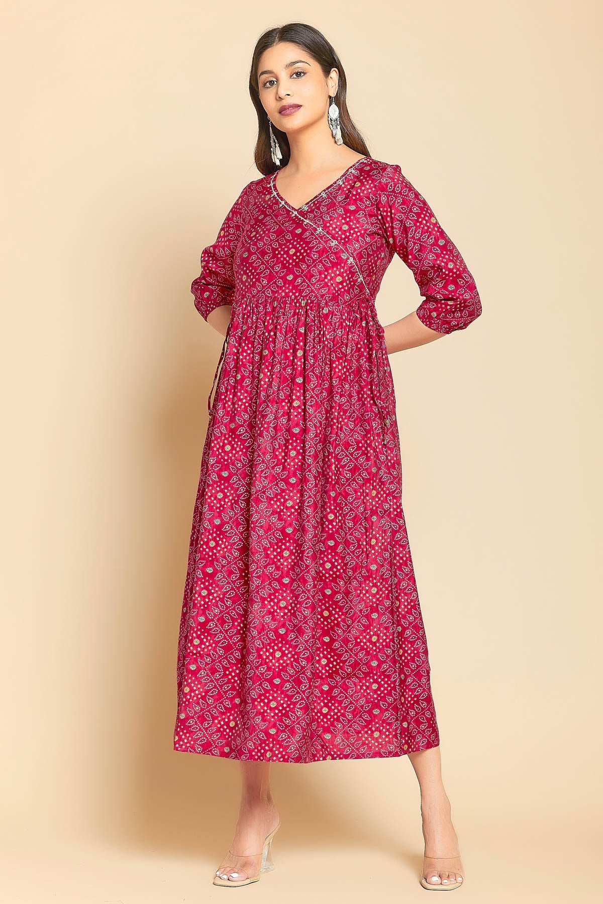 Bandhani Printed A- Line Angrakha Kurta - Pink