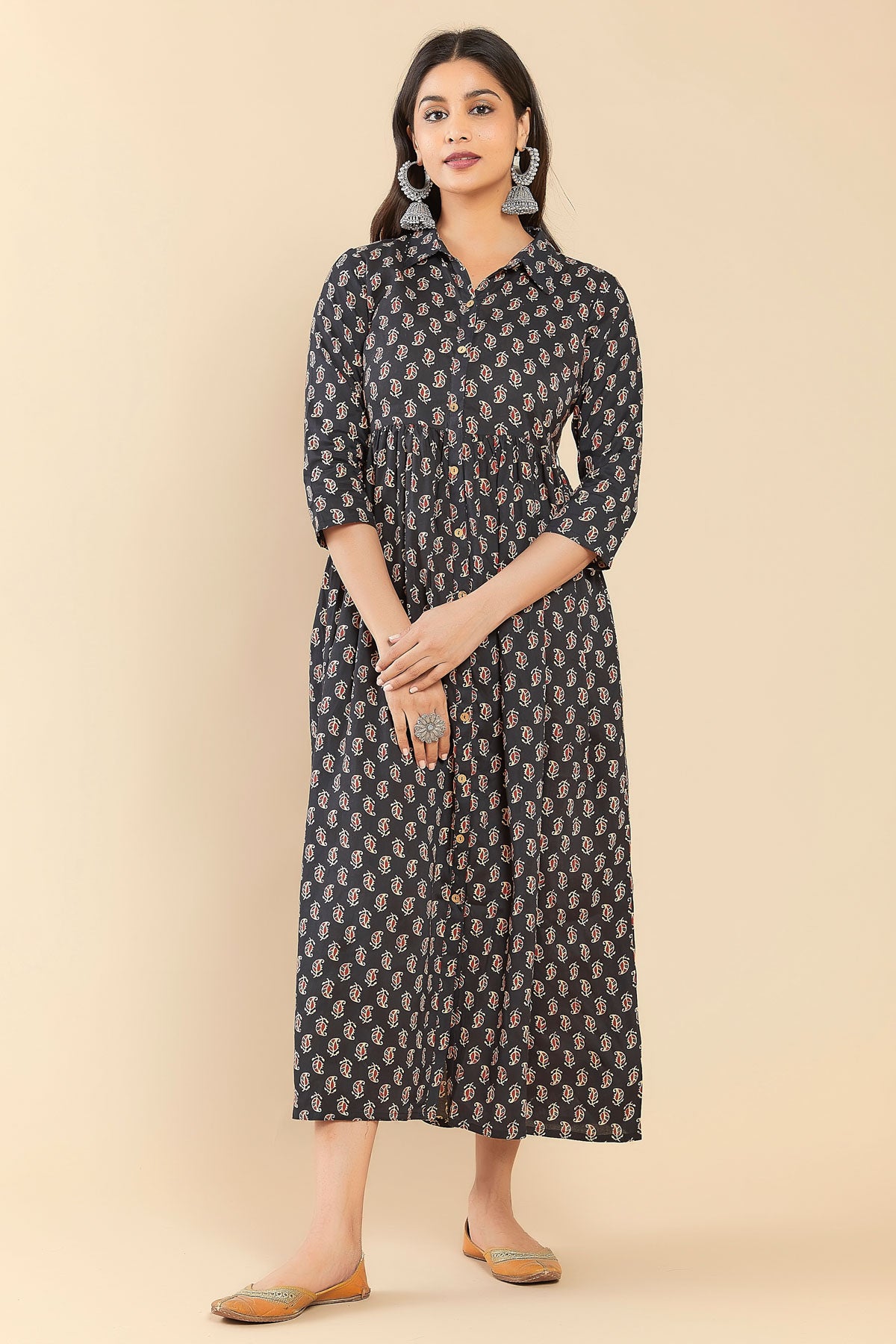 All Over Leaf Printed A Line Kurta Black