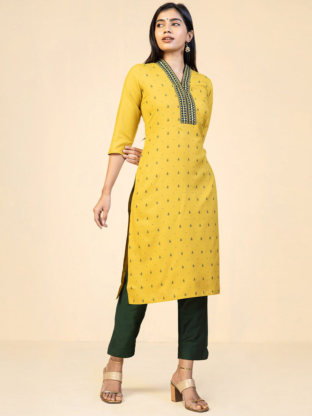 Geometric Motif Embroidered With All Over Butta Printed Kurta - Yellow