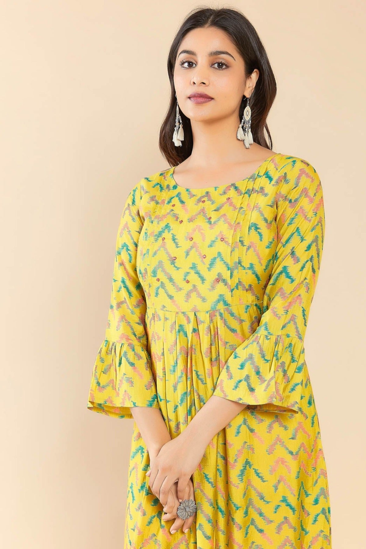 Contract Chevron Printed Foil Mirror Embellished A Line Kurta Yellow