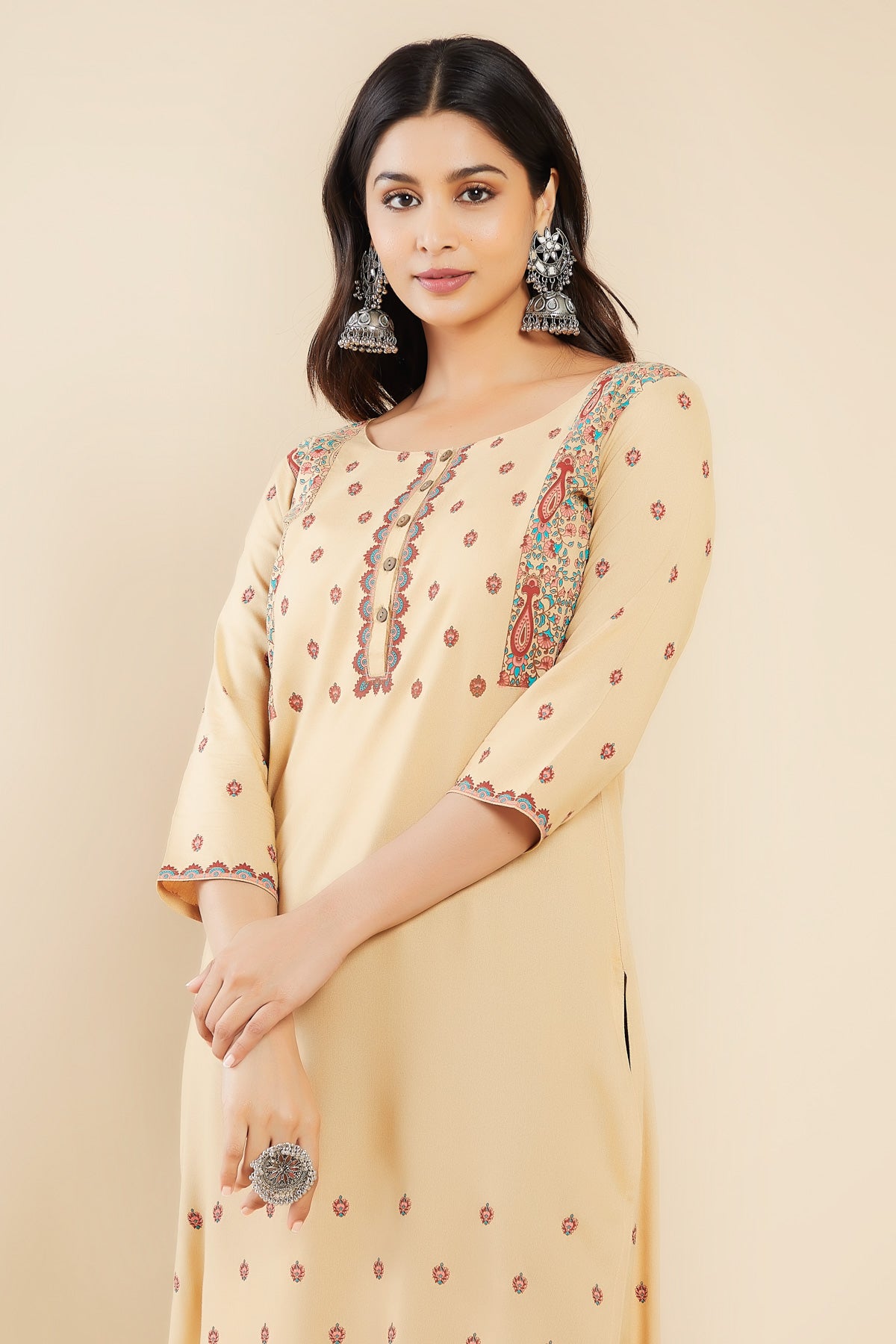 Classic Floral Printed Kurta Beige