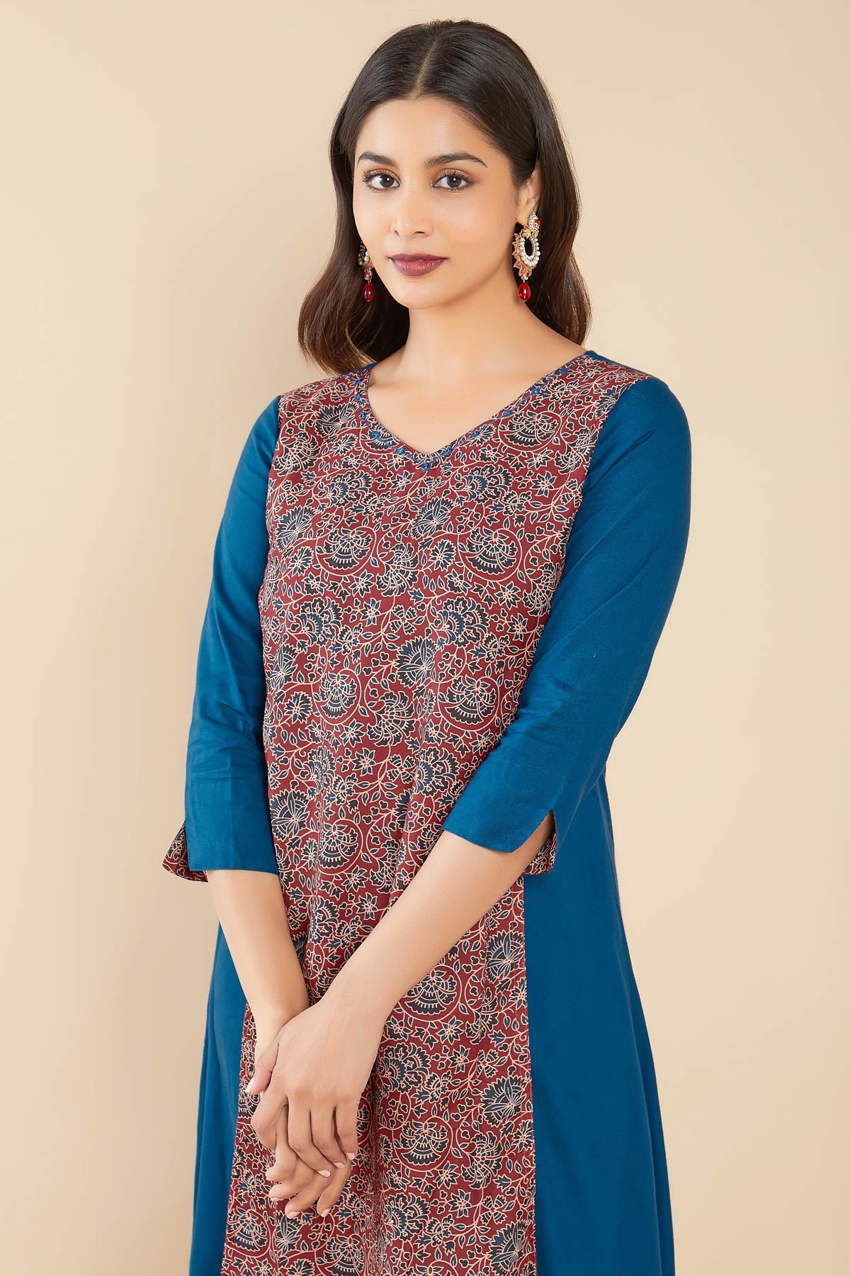 Contrast Kalamkari Printed Kurta - Blue