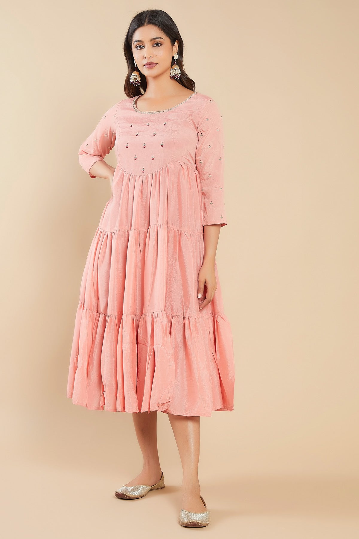 Contrast Foil Mirror Embroidered Tiered A Line Kurta Peach